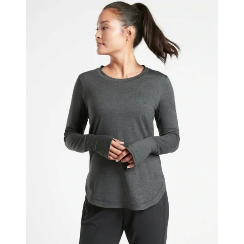 Athleta Uptemop Top Grey Long Sleeve Activewear Top Women's Size M Thumbholes